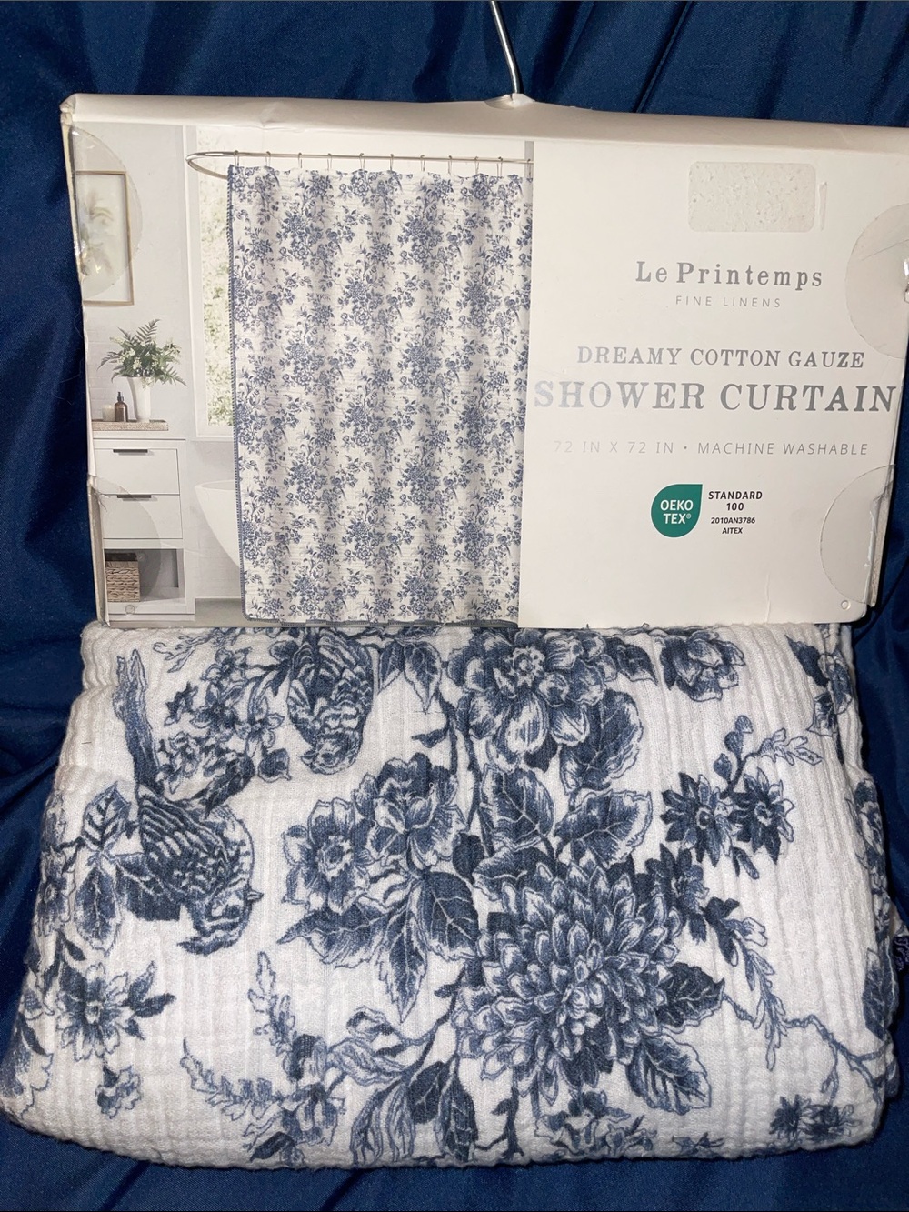 Dreamy Cotton Gauze Shower Curtain - White with Blue Floral & Bird Motif